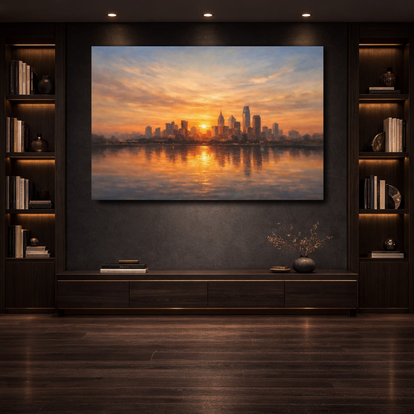 Mockup 3. Nature City Skyline Orange Cityscape shown as stretched canvas wall art