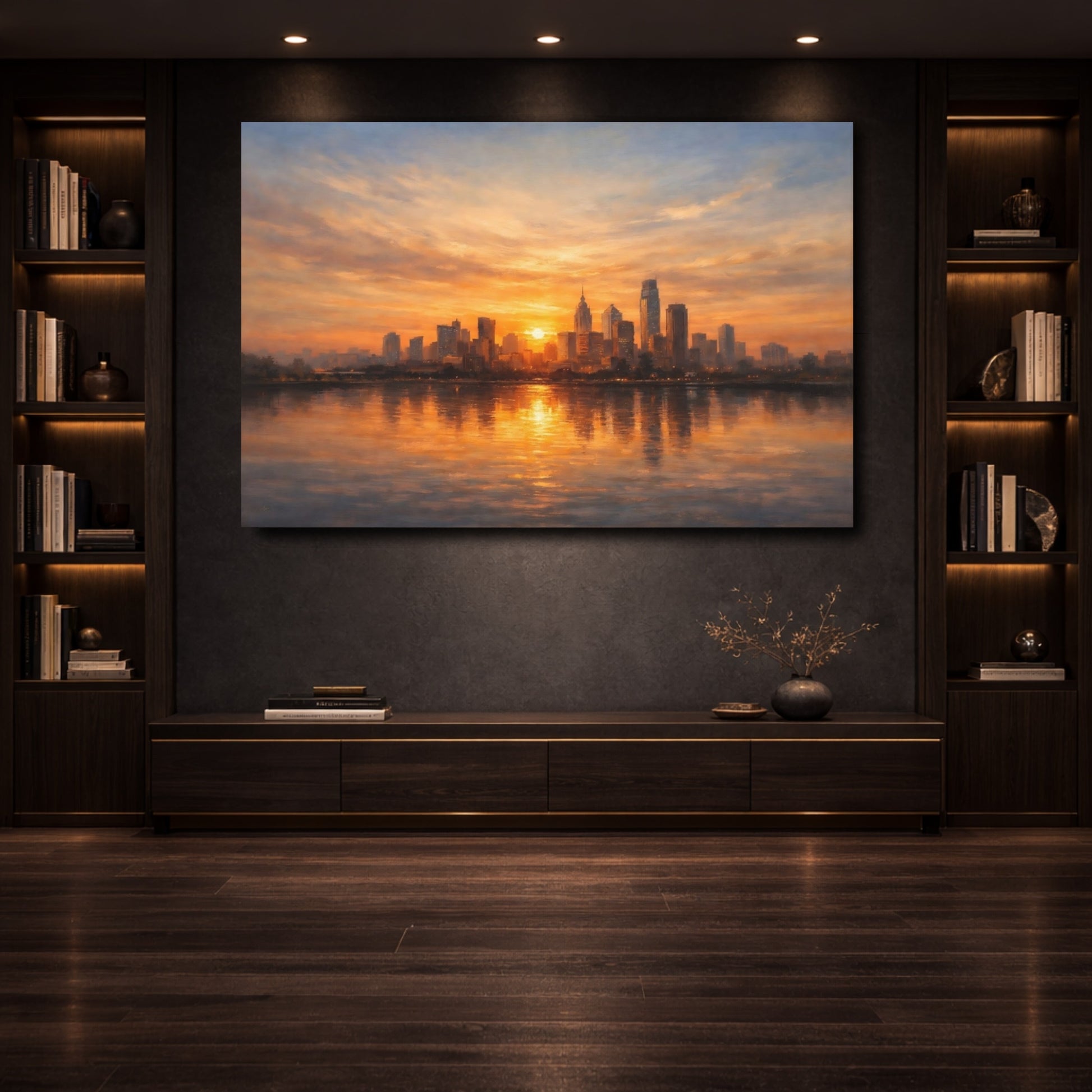 Mockup 3. Nature City Skyline Orange Cityscape shown as stretched canvas wall art