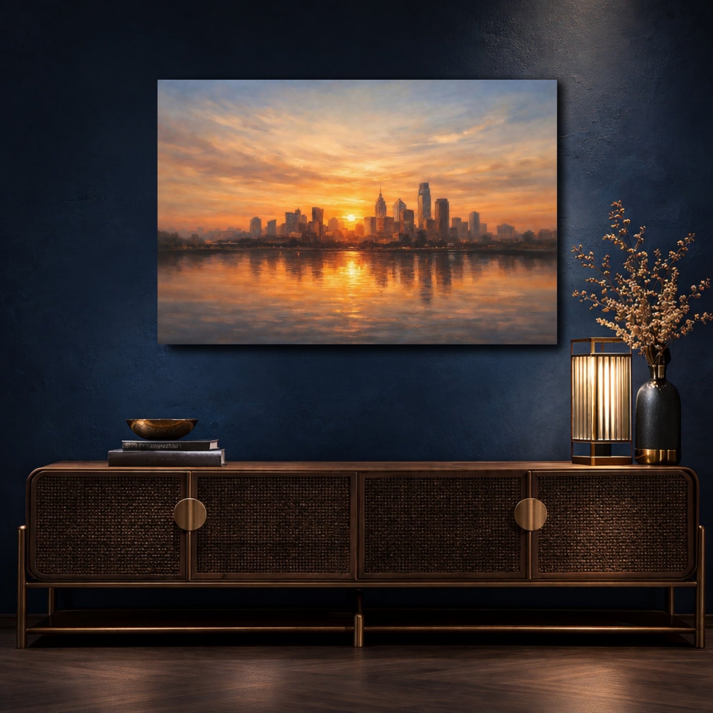 Mockup 4. Nature City Skyline Orange Cityscape shown as stretched canvas wall art