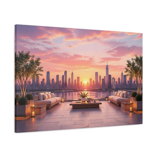 Main Mockup. Nature City Skyline Pink And Orange shown as stretched canvas wall art