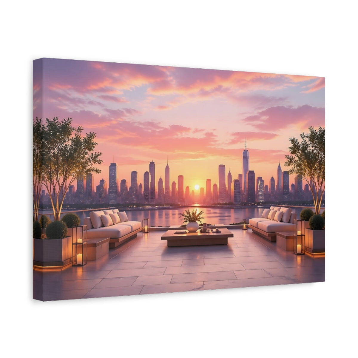 Side Mockup 4. Nature City Skyline Pink And Orange shown as stretched canvas wall art