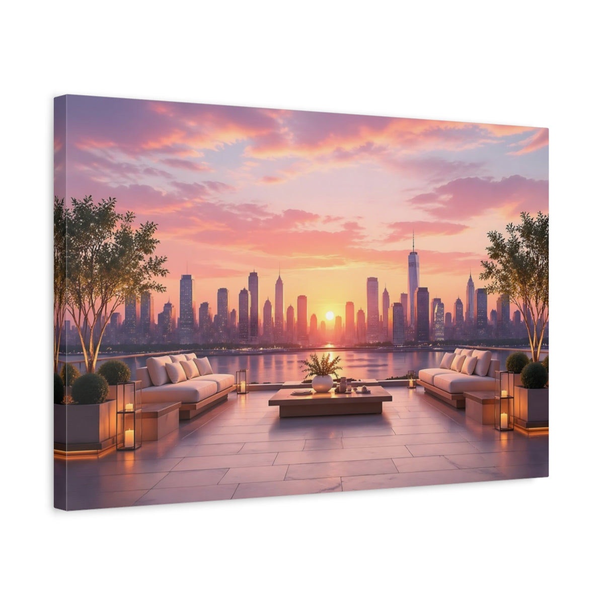 Side Mockup 3. Nature City Skyline Pink And Orange shown as stretched canvas wall art