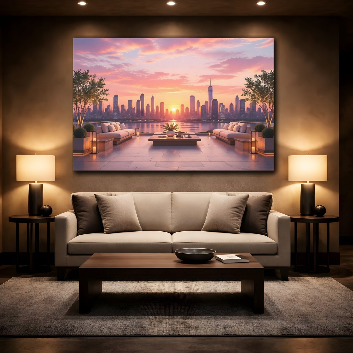 Mockup 2. Nature City Skyline Pink And Orange shown as stretched canvas wall art