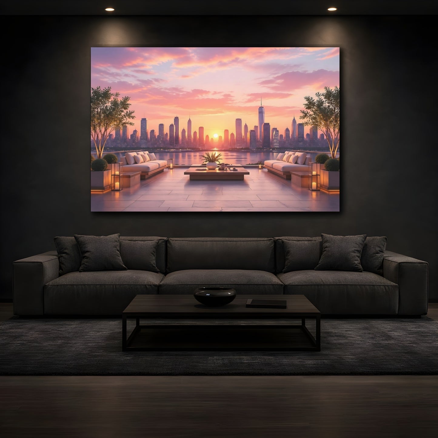 Mockup 3. Nature City Skyline Pink And Orange shown as stretched canvas wall art