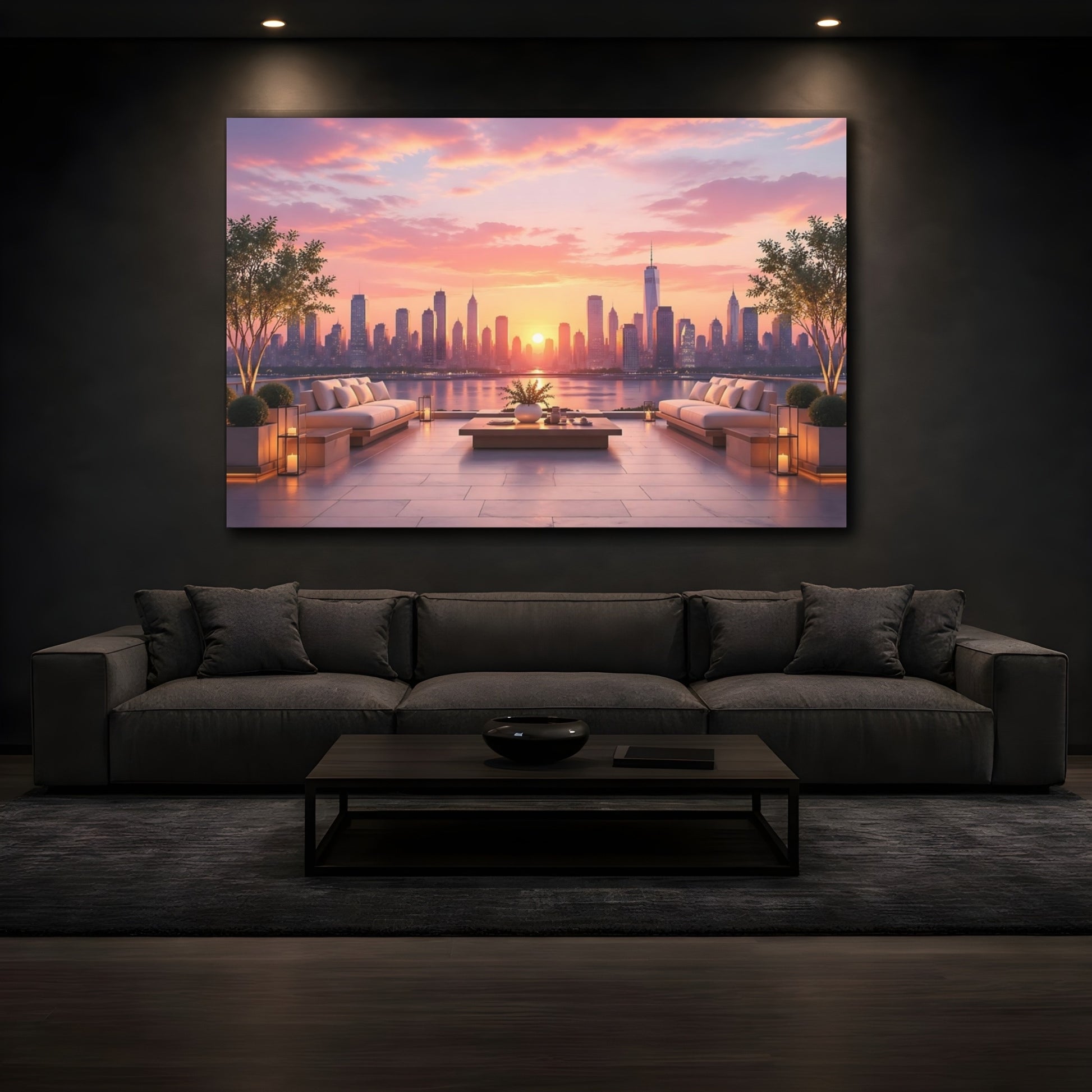 Mockup 3. Nature City Skyline Pink And Orange shown as stretched canvas wall art
