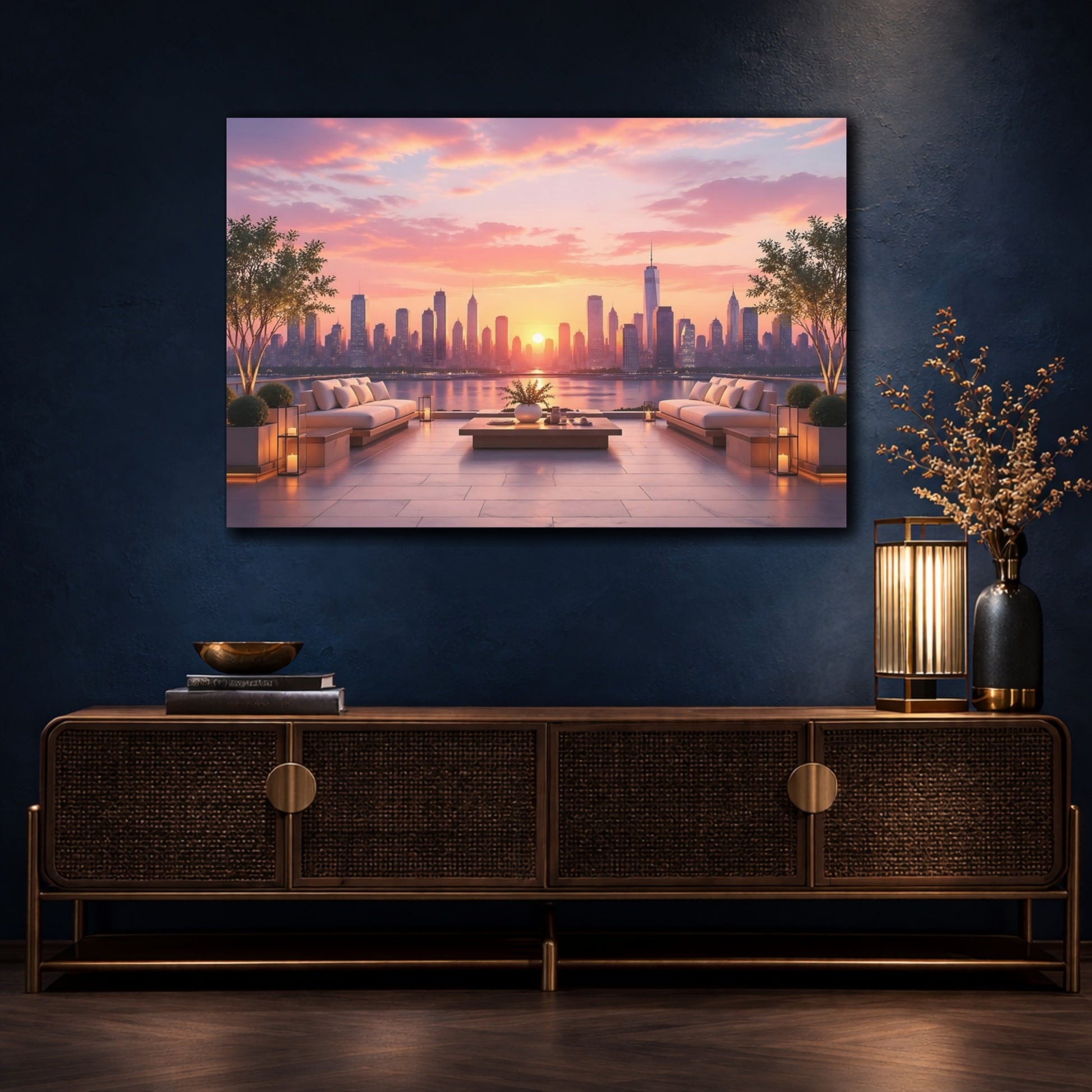 Mockup 4. Nature City Skyline Pink And Orange shown as stretched canvas wall art