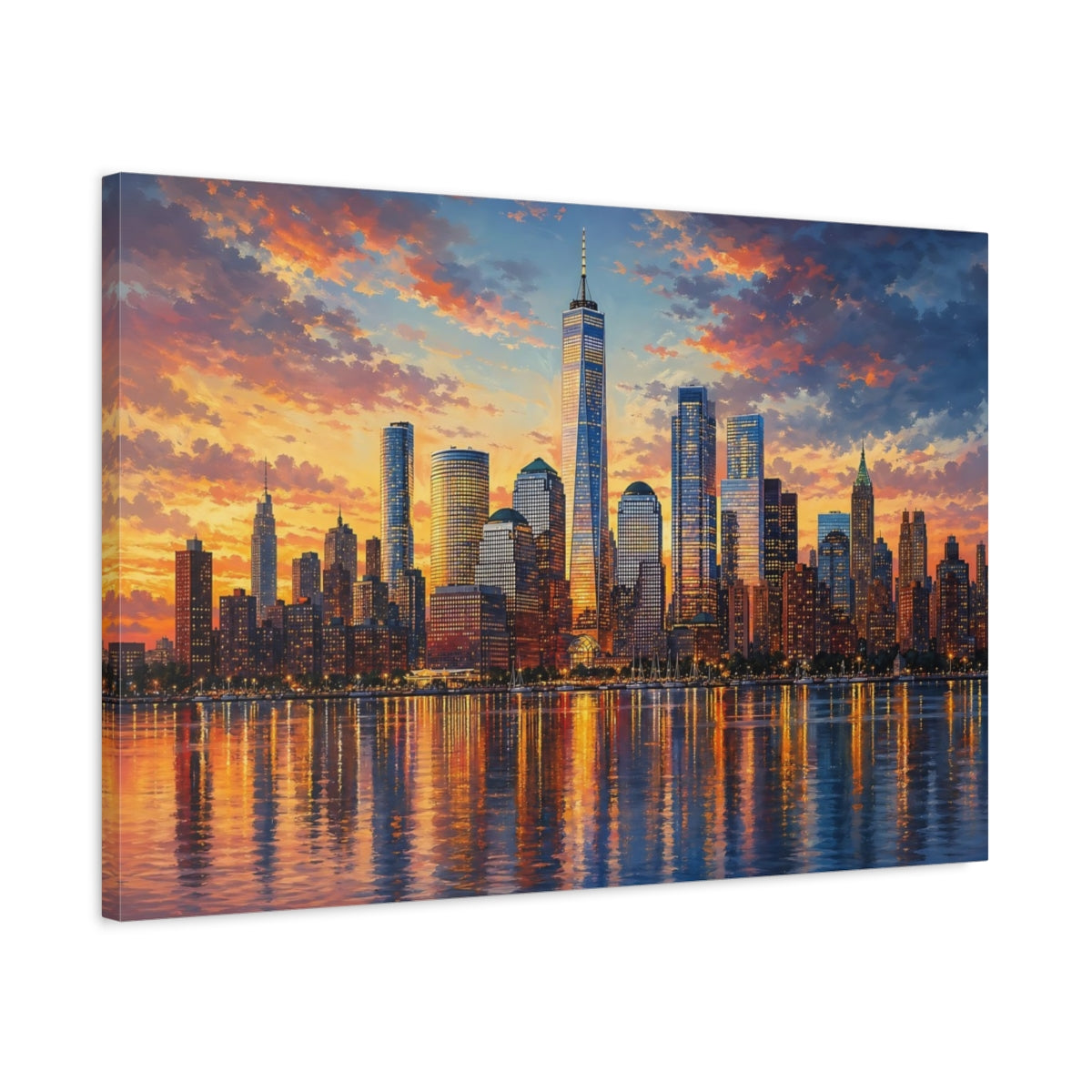 Side Mockup 2. Nature City Skyline Sunset Cityscape shown as stretched canvas wall art