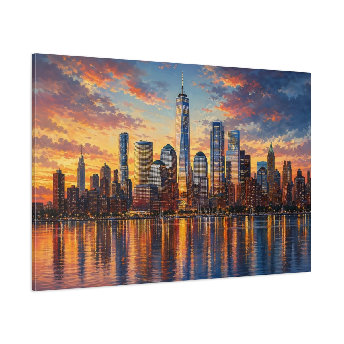 Side Mockup 1. Nature City Skyline Sunset Cityscape shown as stretched canvas wall art