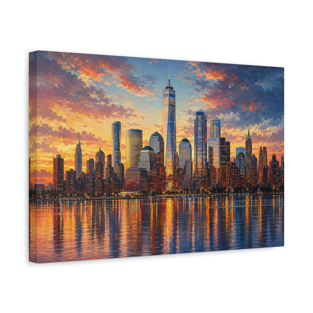 Side Mockup 4. Nature City Skyline Sunset Cityscape shown as stretched canvas wall art