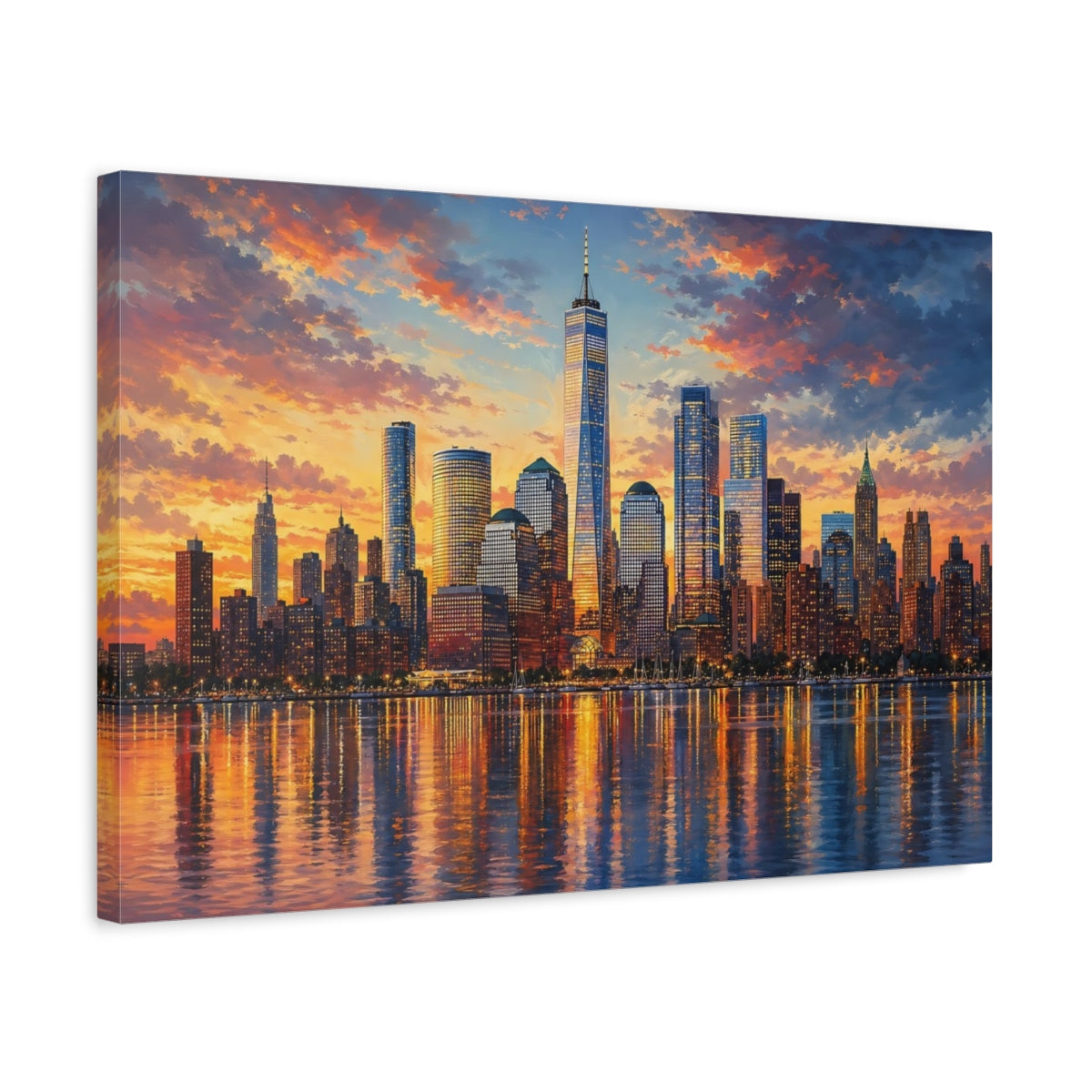 Side Mockup 3. Nature City Skyline Sunset Cityscape shown as stretched canvas wall art