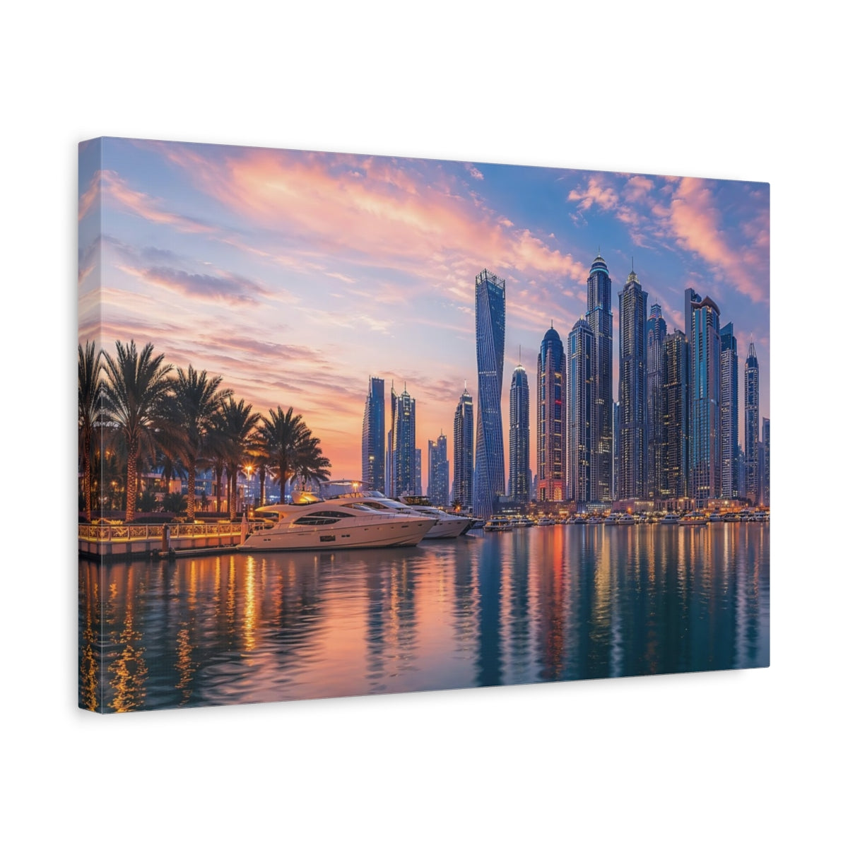 Side Mockup 4. Nature City Skyline Sunset Cityscape shown as stretched canvas wall art