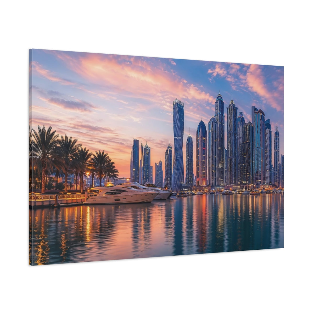 Side Mockup 1. Nature City Skyline Sunset Cityscape shown as stretched canvas wall art