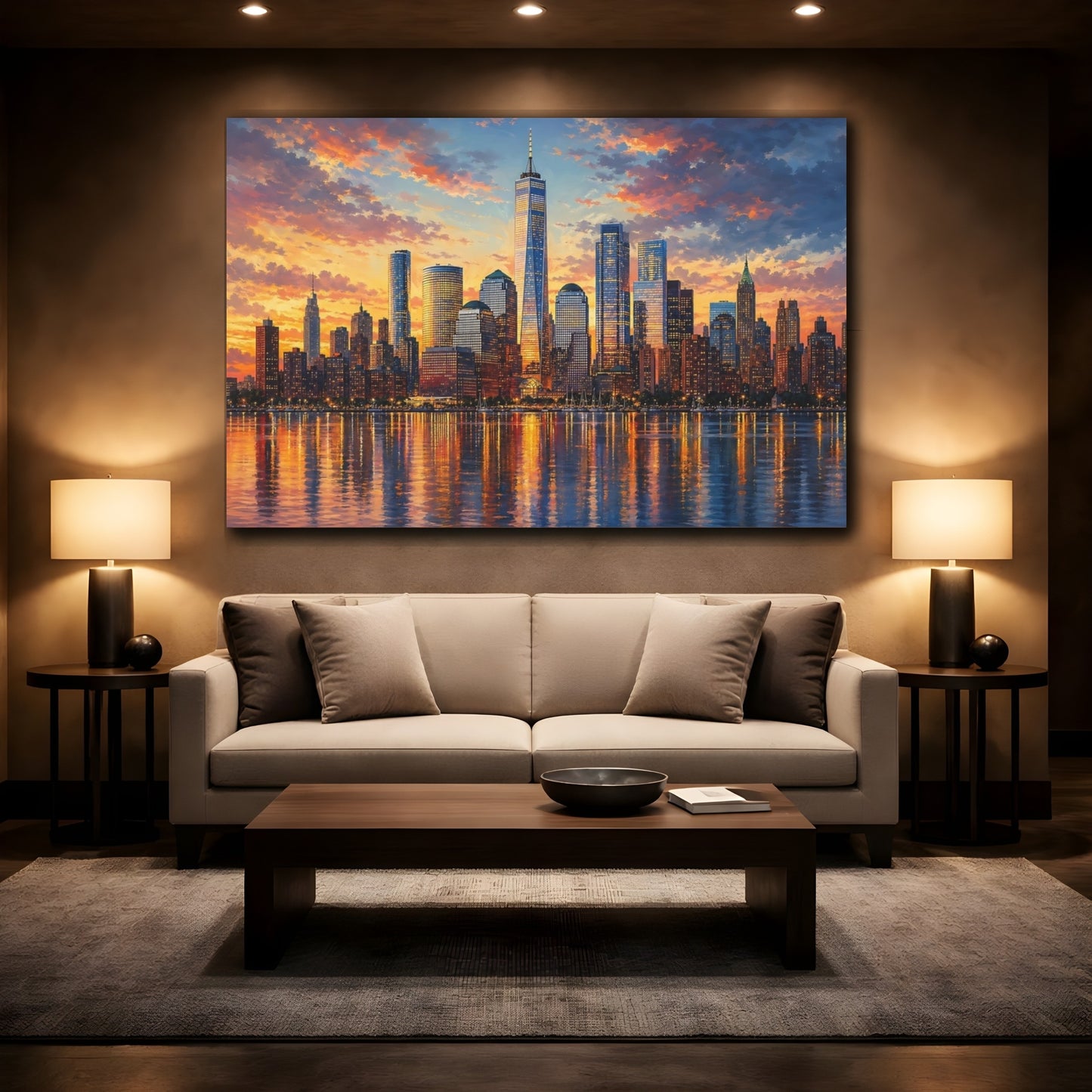 Mockup 2. Nature City Skyline Sunset Cityscape shown as stretched canvas wall art