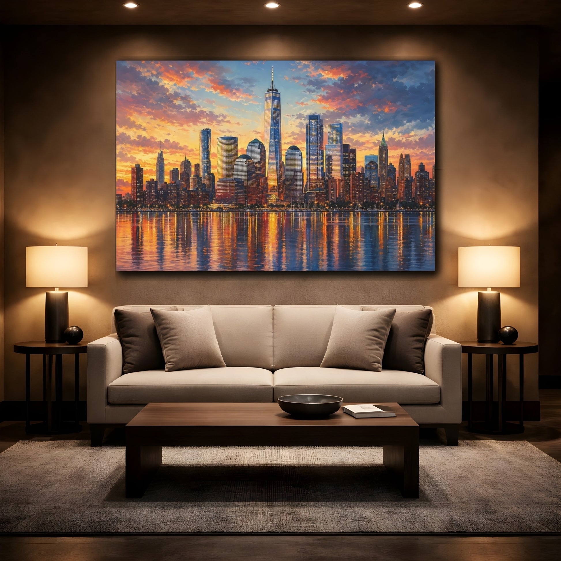 Mockup 2. Nature City Skyline Sunset Cityscape shown as stretched canvas wall art