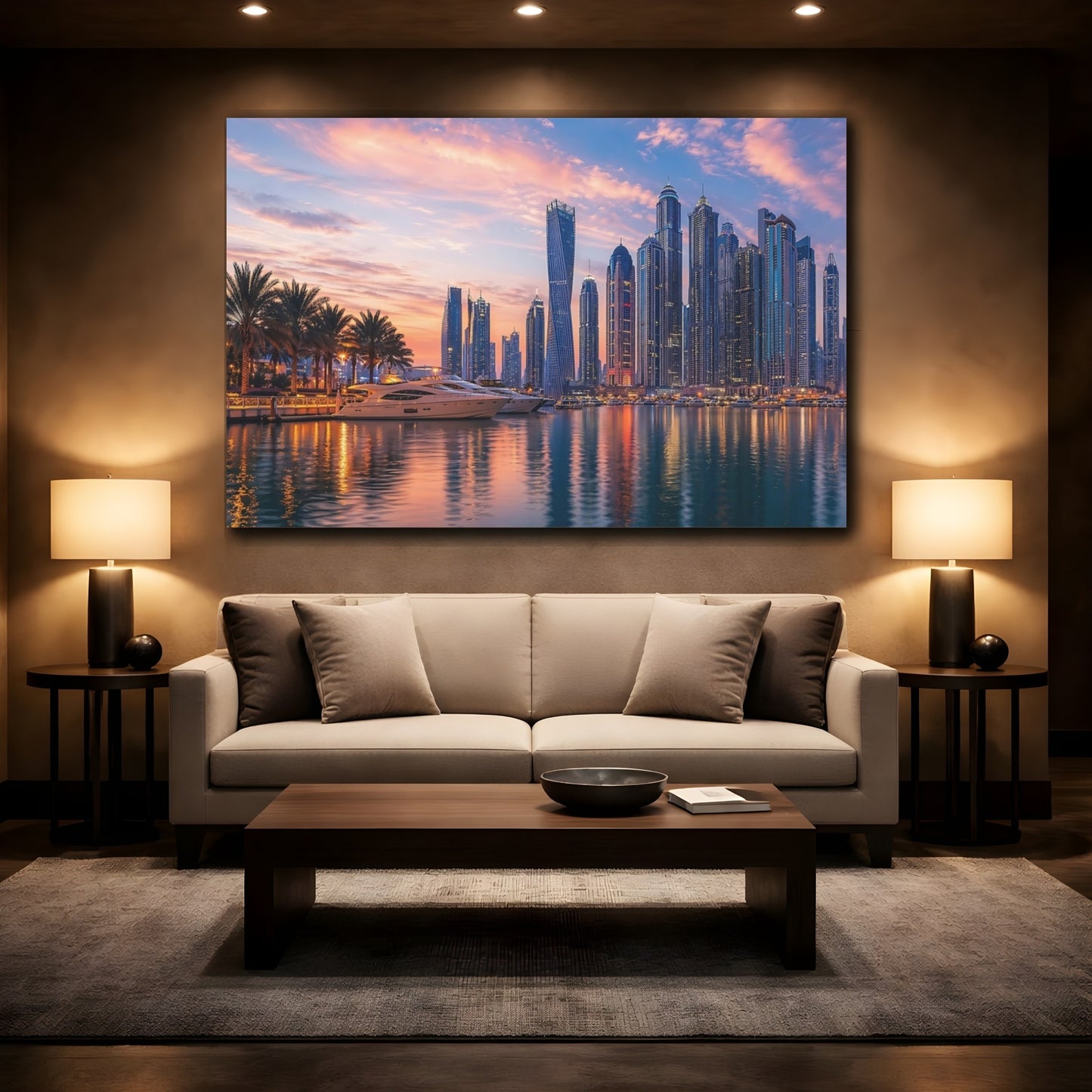 Mockup 2. Nature City Skyline Sunset Cityscape shown as stretched canvas wall art
