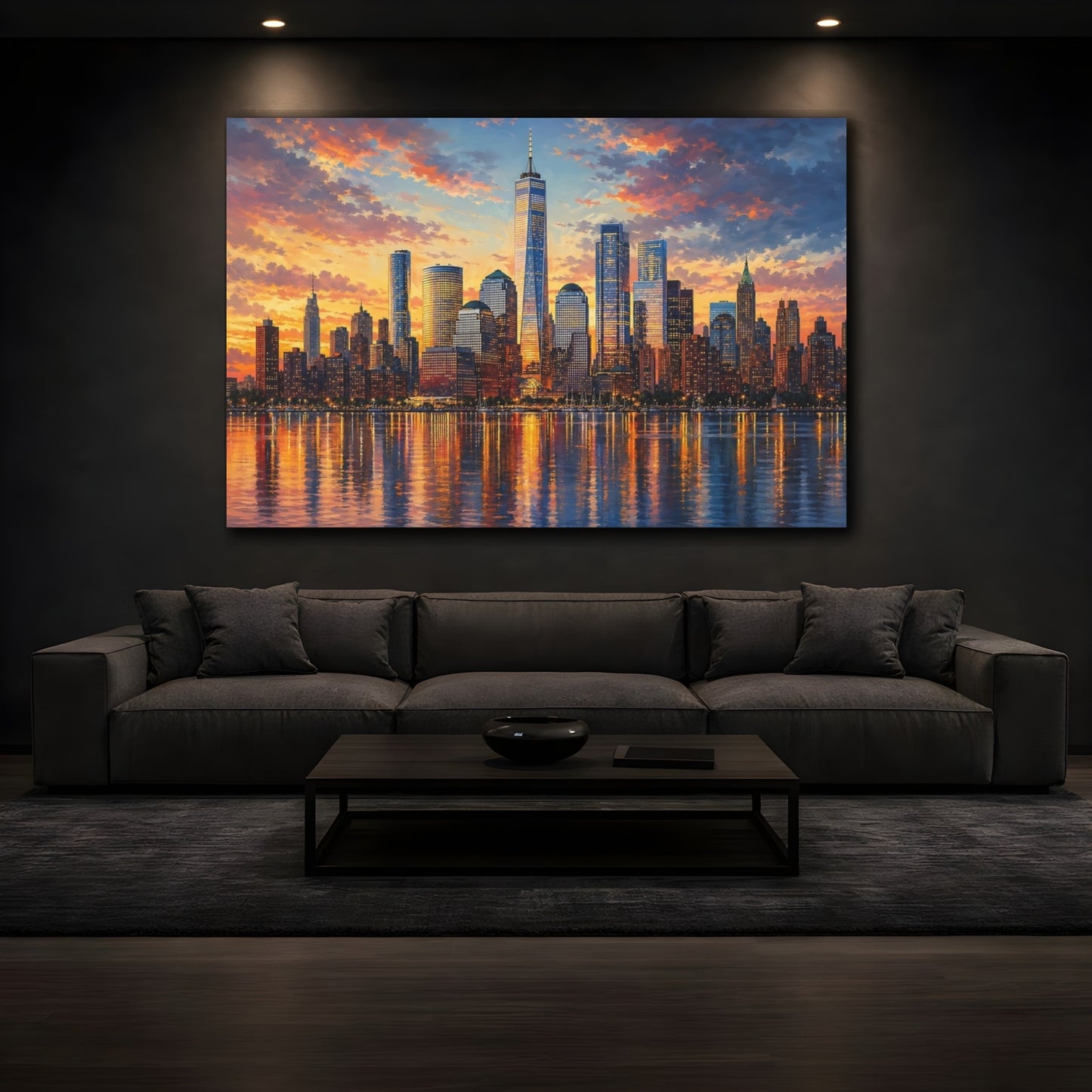 Mockup 3. Nature City Skyline Sunset Cityscape shown as stretched canvas wall art
