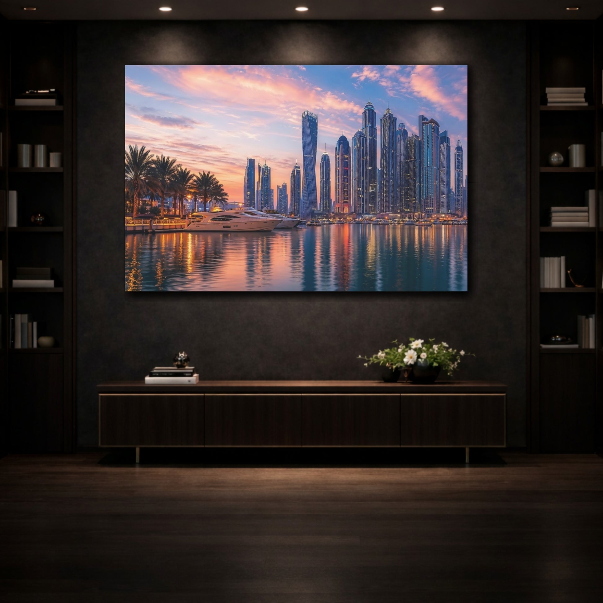Mockup 3. Nature City Skyline Sunset Cityscape shown as stretched canvas wall art