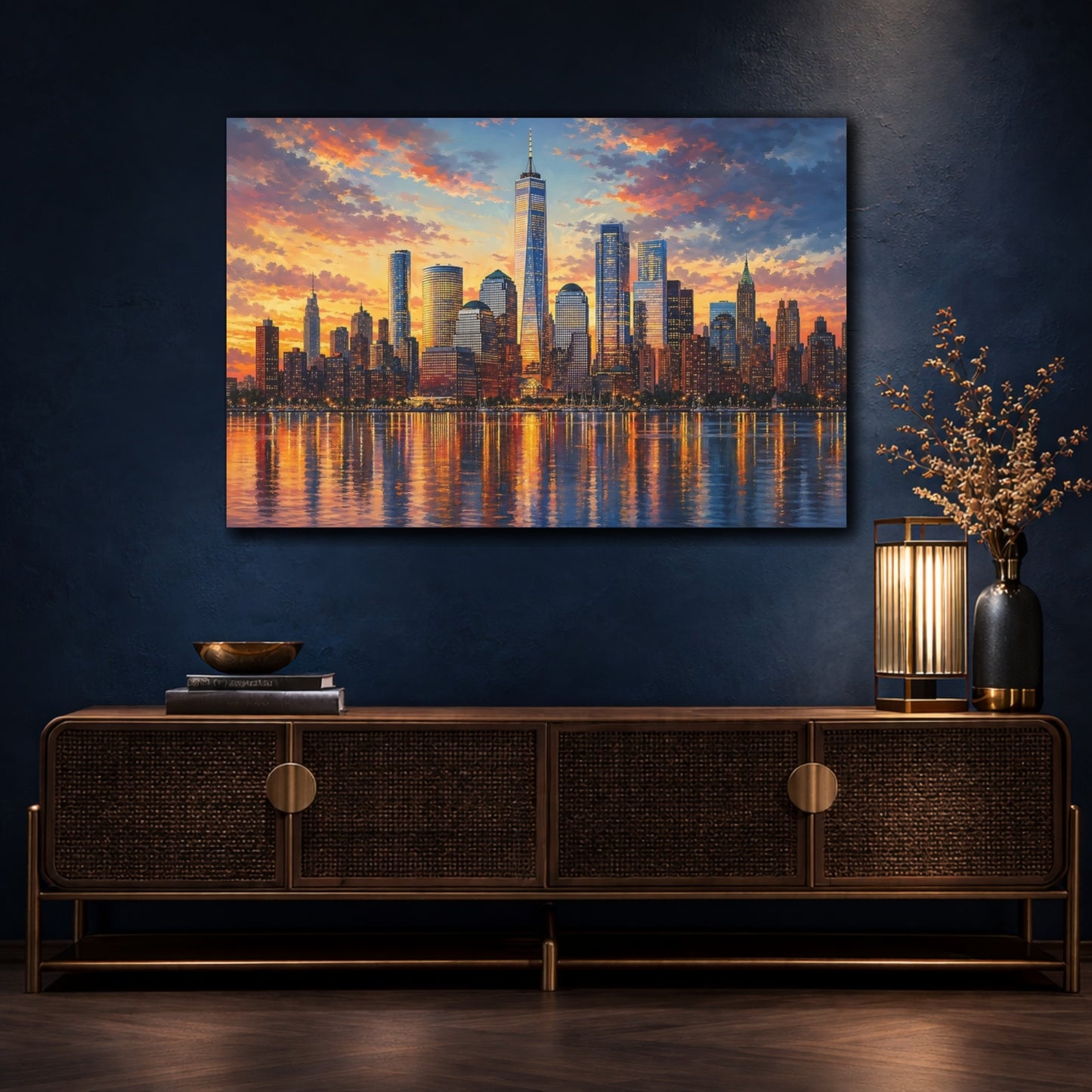 Mockup 4. Nature City Skyline Sunset Cityscape shown as stretched canvas wall art