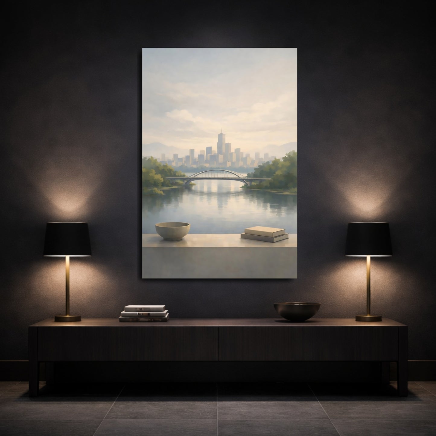 Mockup 2. Nature Cityscape Muted Blue Grey shown as stretched canvas wall art
