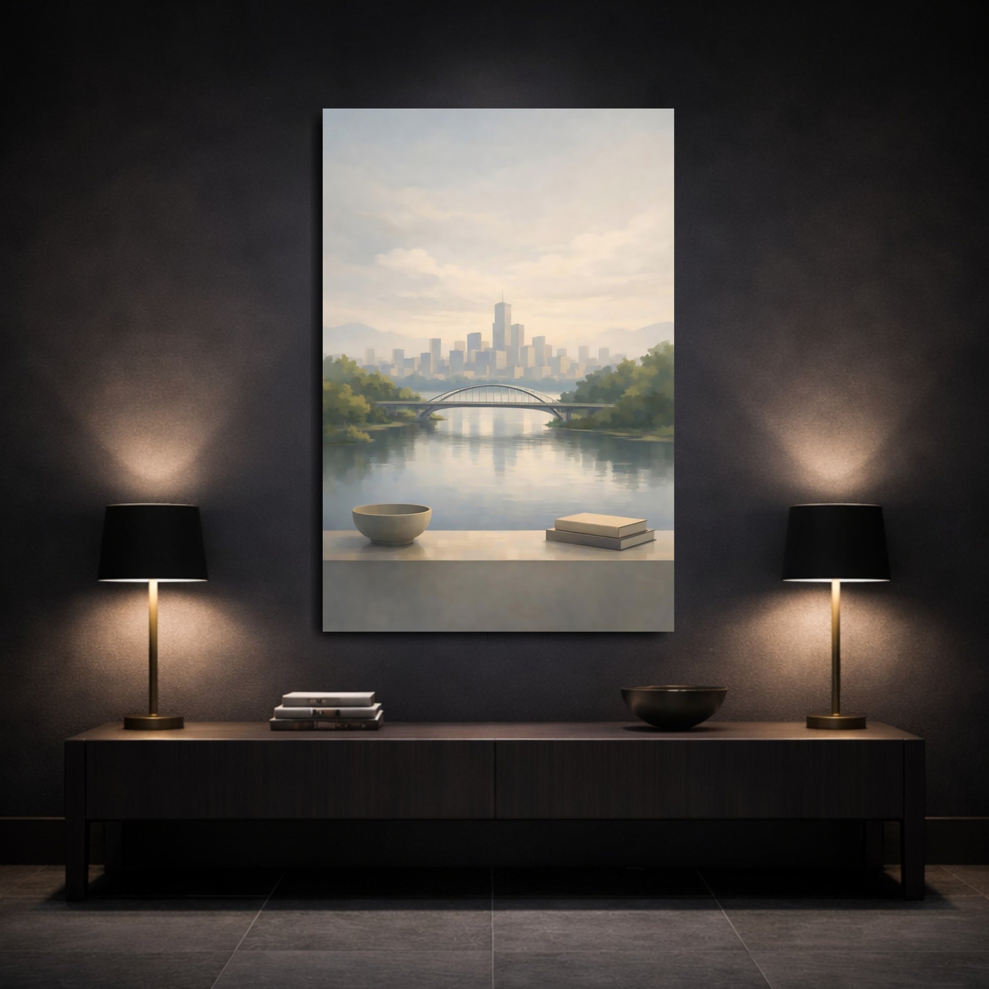 Mockup 2. Nature Cityscape Muted Blue Grey shown as stretched canvas wall art