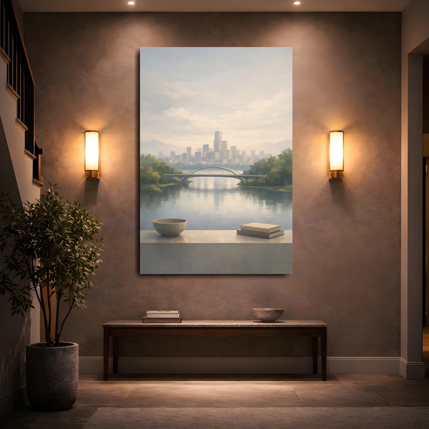 Mockup 4. Nature Cityscape Muted Blue Grey shown as stretched canvas wall art