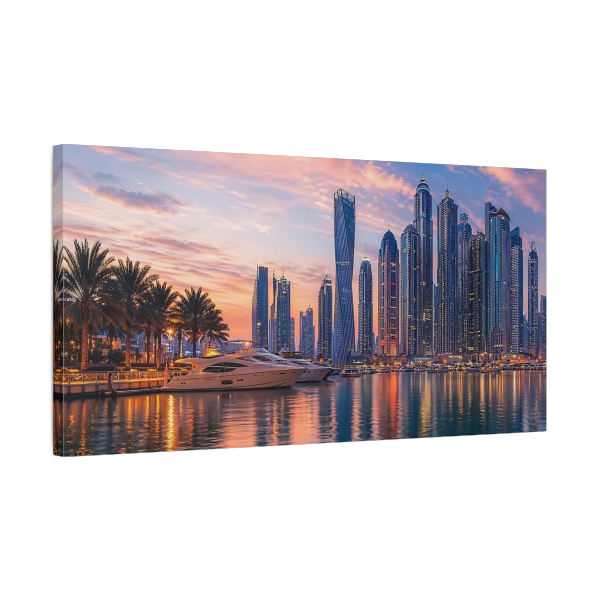 Side Mockup 1. Nature Cityscape Sunset Pink And Blue Sunset shown as stretched canvas wall art