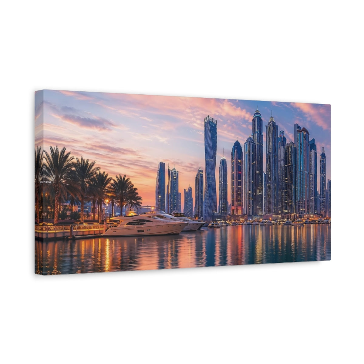 Side Mockup 3. Nature Cityscape Sunset Pink And Blue Sunset shown as stretched canvas wall art