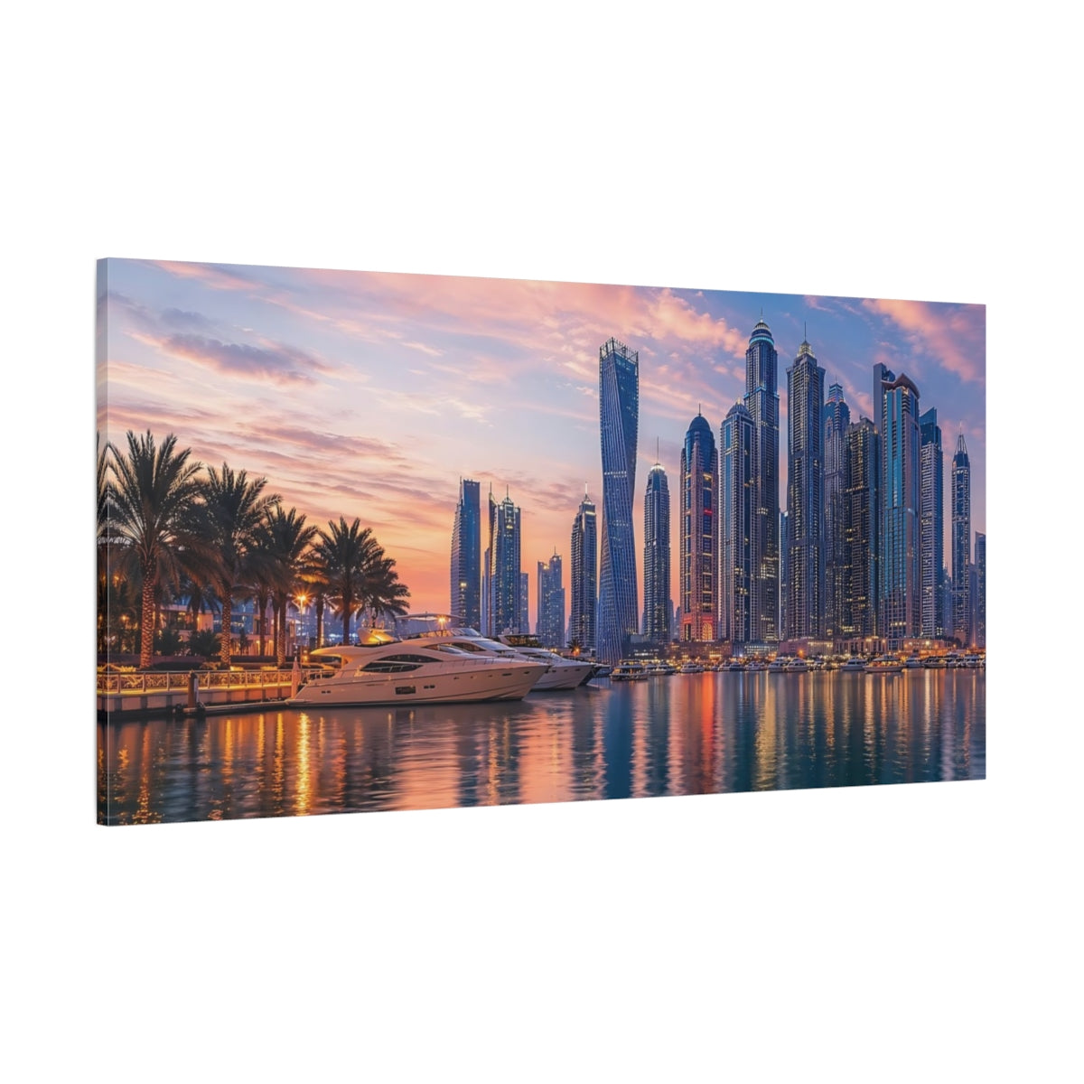 Side Mockup 2. Nature Cityscape Sunset Pink And Blue Sunset shown as stretched canvas wall art