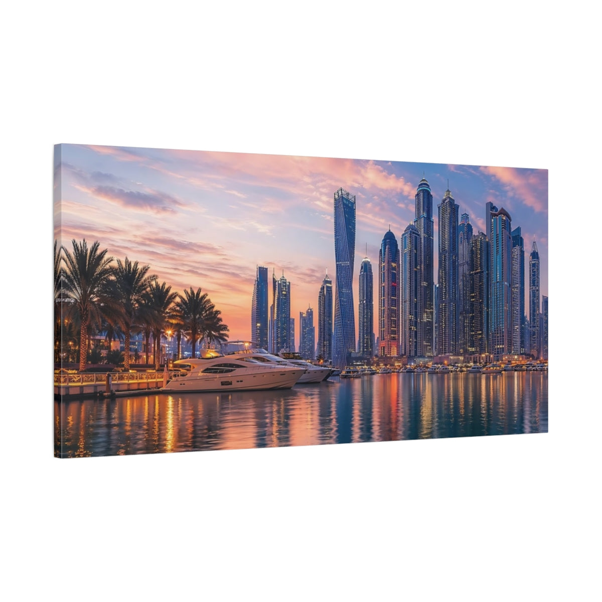 Main Mockup. Nature Cityscape Sunset Pink And Blue Sunset shown as stretched canvas wall art