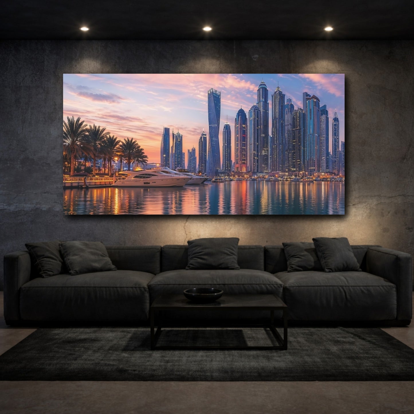 Mockup 2. Nature Cityscape Sunset Pink And Blue Sunset shown as stretched canvas wall art