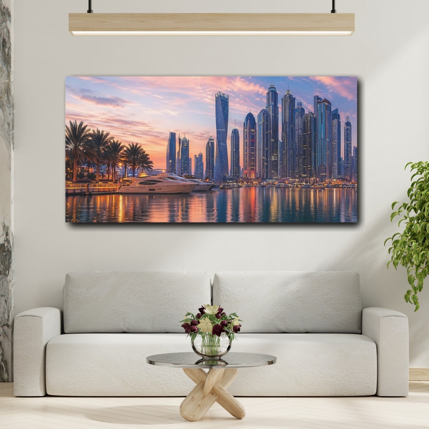 Mockup 3. Nature Cityscape Sunset Pink And Blue Sunset shown as stretched canvas wall art
