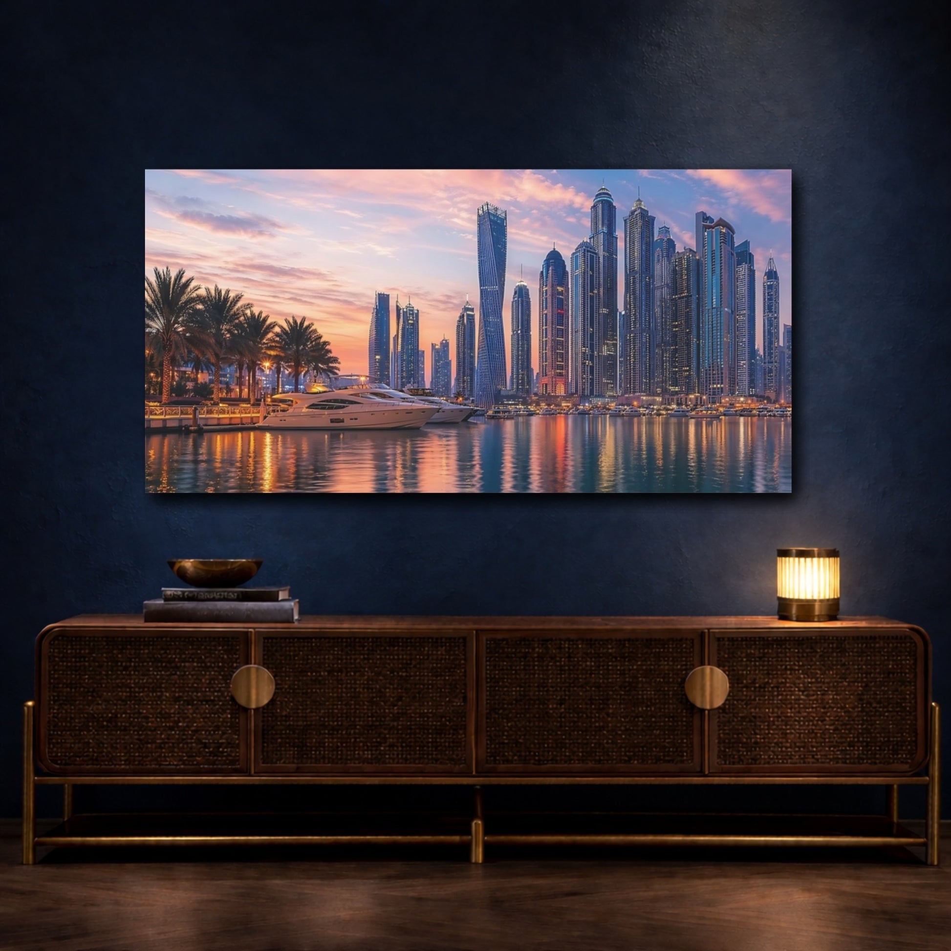 Mockup 4. Nature Cityscape Sunset Pink And Blue Sunset shown as stretched canvas wall art