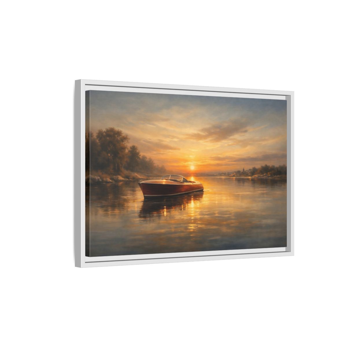 Side Mockup 1. Nature Classic Boat Golden Sunset shown as stretched canvas wall art