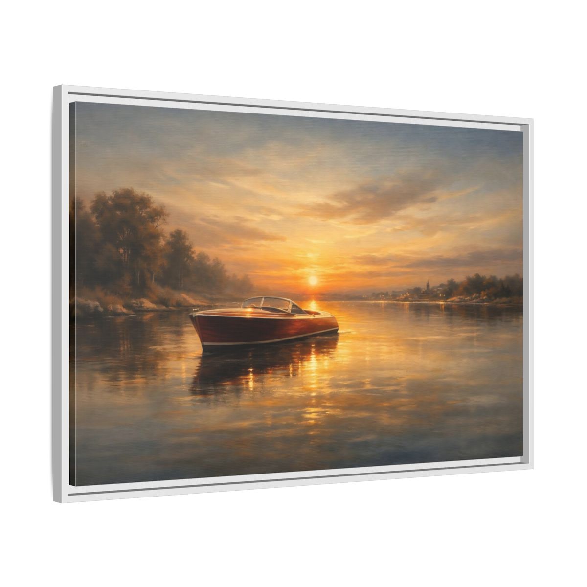 Side Mockup 8. Nature Classic Boat Golden Sunset shown as stretched canvas wall art