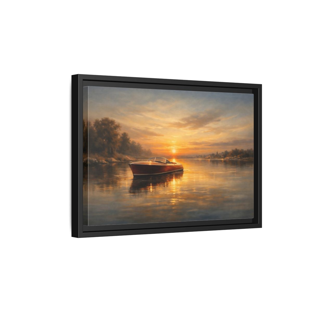 Side Mockup 6. Nature Classic Boat Golden Sunset shown as stretched canvas wall art