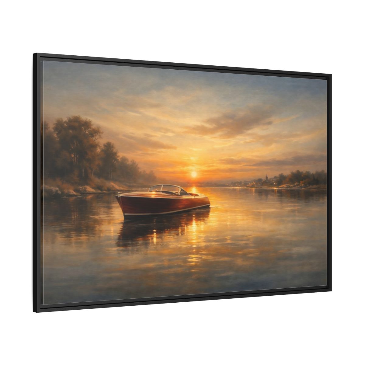 Side Mockup 12. Nature Classic Boat Golden Sunset shown as stretched canvas wall art