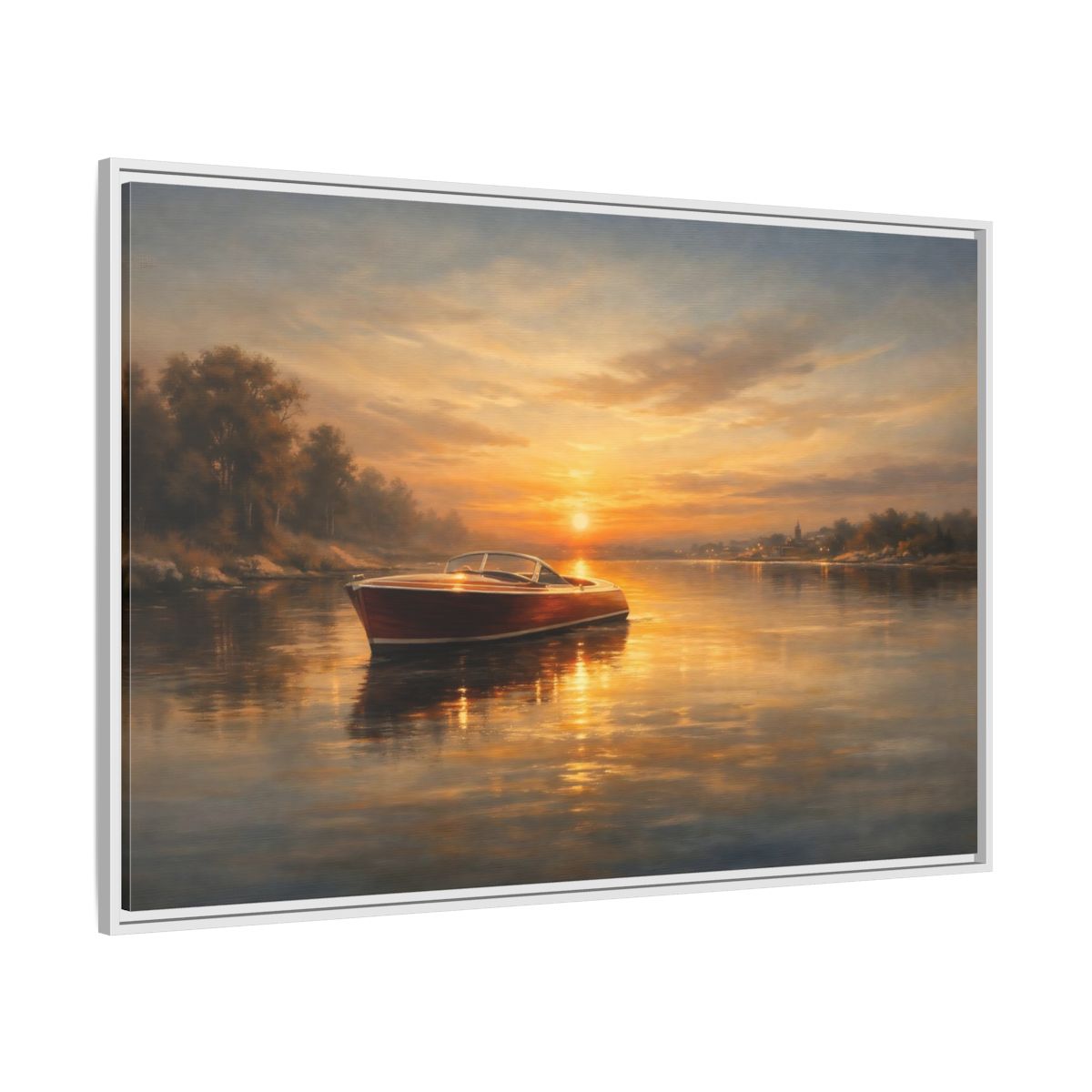 Side Mockup 7. Nature Classic Boat Golden Sunset shown as stretched canvas wall art