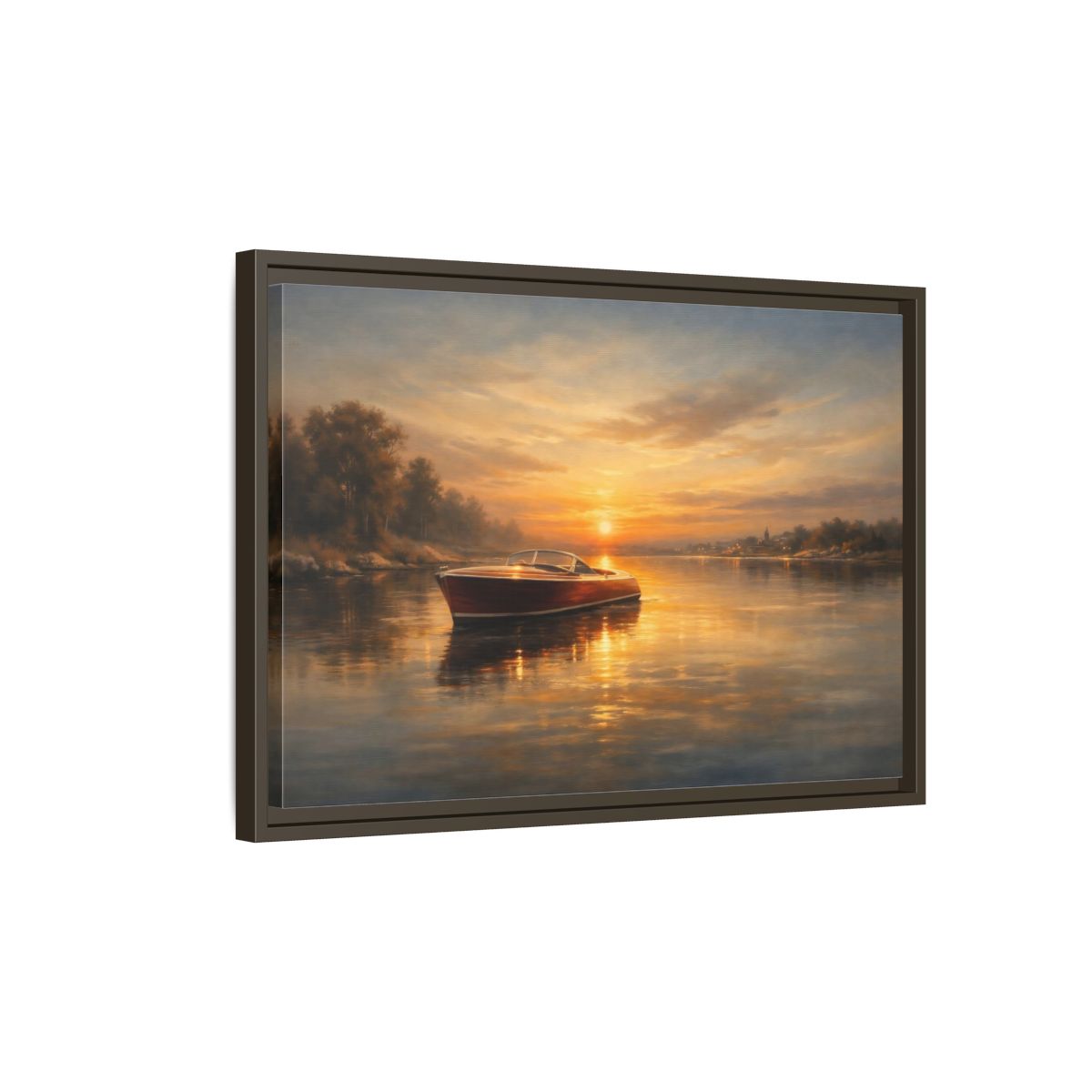 Side Mockup 2. Nature Classic Boat Golden Sunset shown as stretched canvas wall art