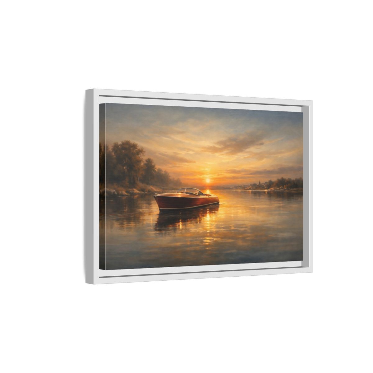 Side Mockup 4. Nature Classic Boat Golden Sunset shown as stretched canvas wall art