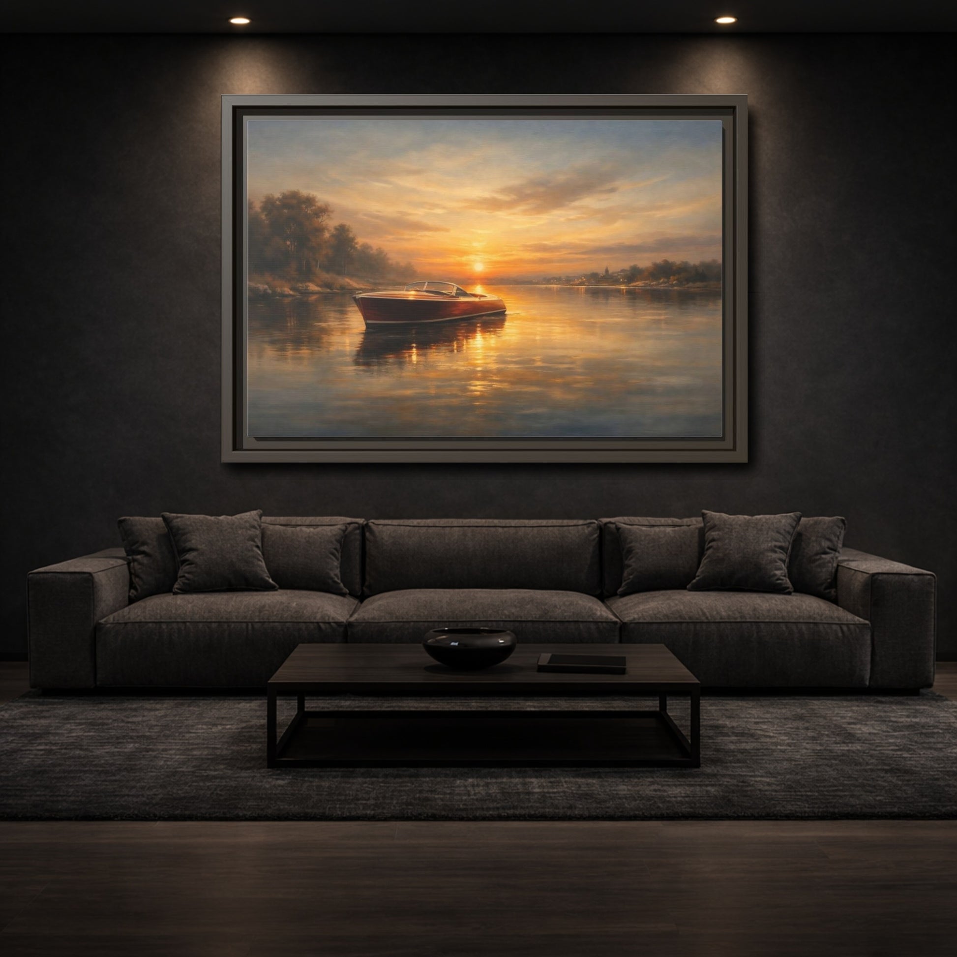 Mockup 2. Nature Classic Boat Golden Sunset shown as stretched canvas wall art