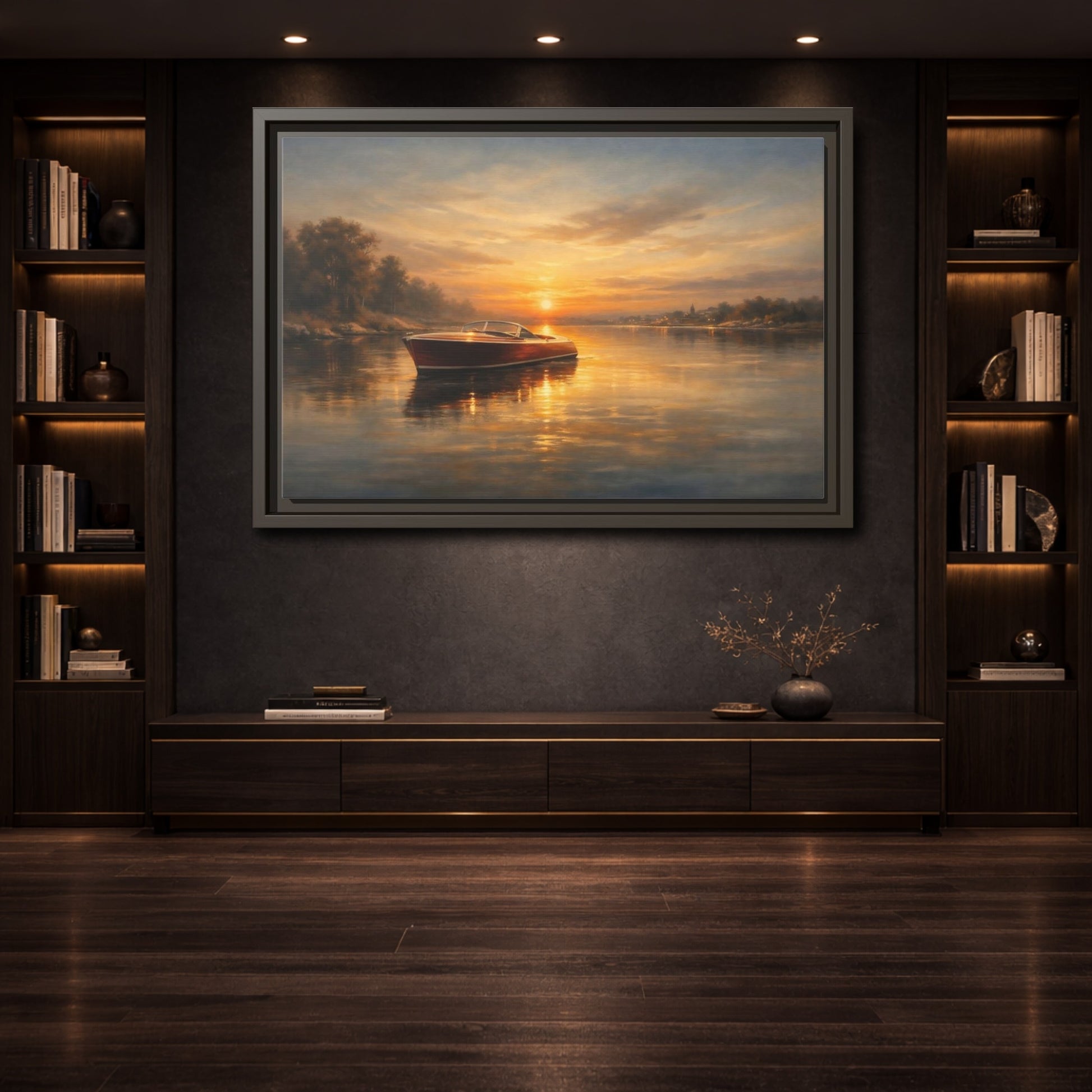 Mockup 3. Nature Classic Boat Golden Sunset shown as stretched canvas wall art