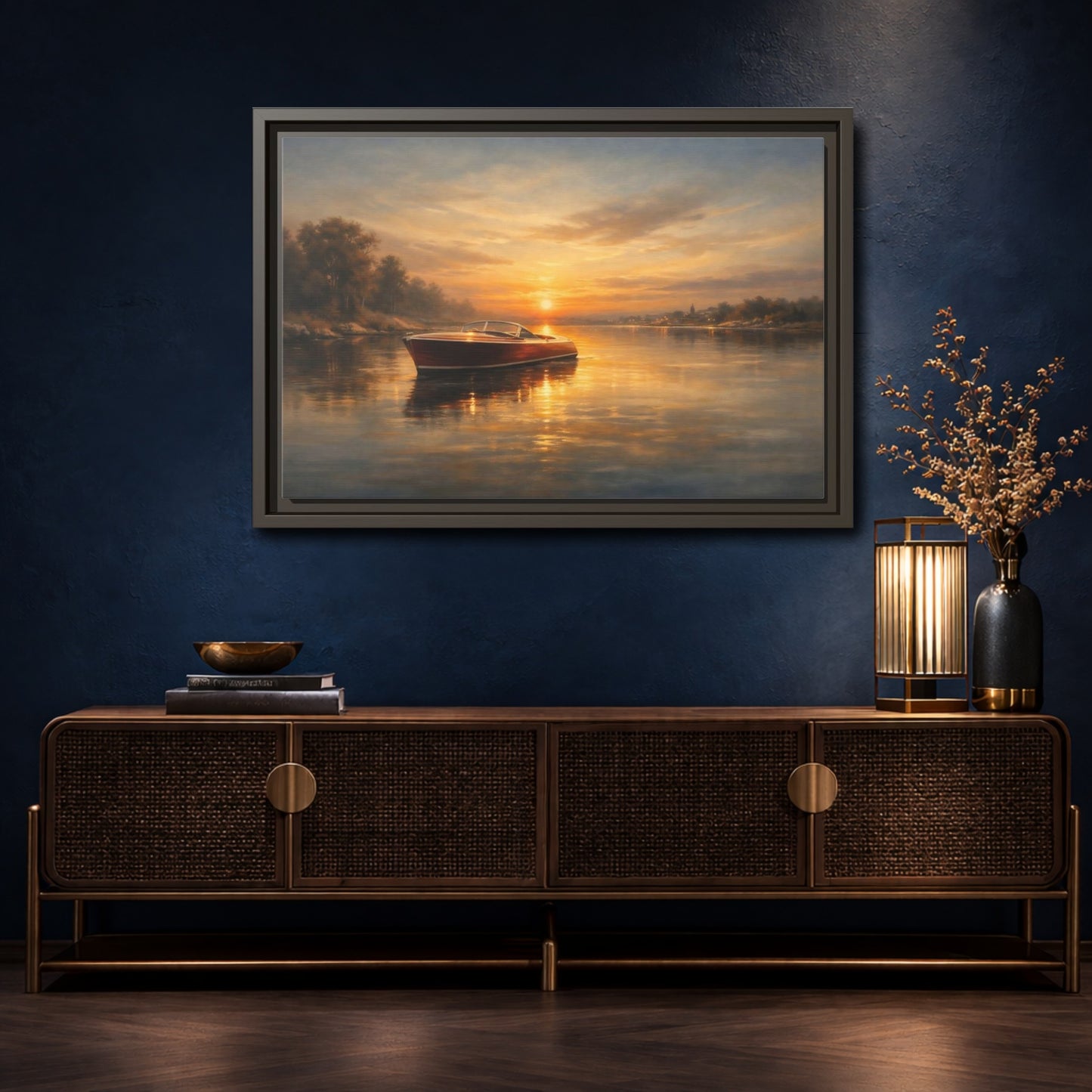 Mockup 4. Nature Classic Boat Golden Sunset shown as stretched canvas wall art