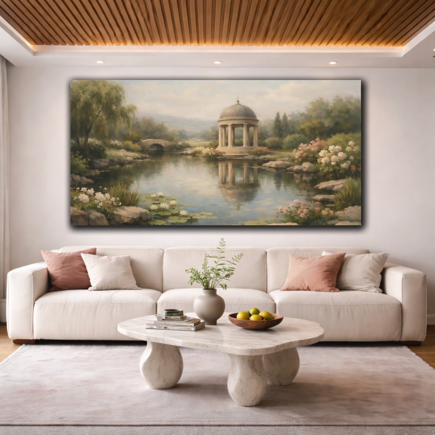 Mockup 3. Nature Classical Gazebo Muted Garden Landscape shown as stretched canvas wall art