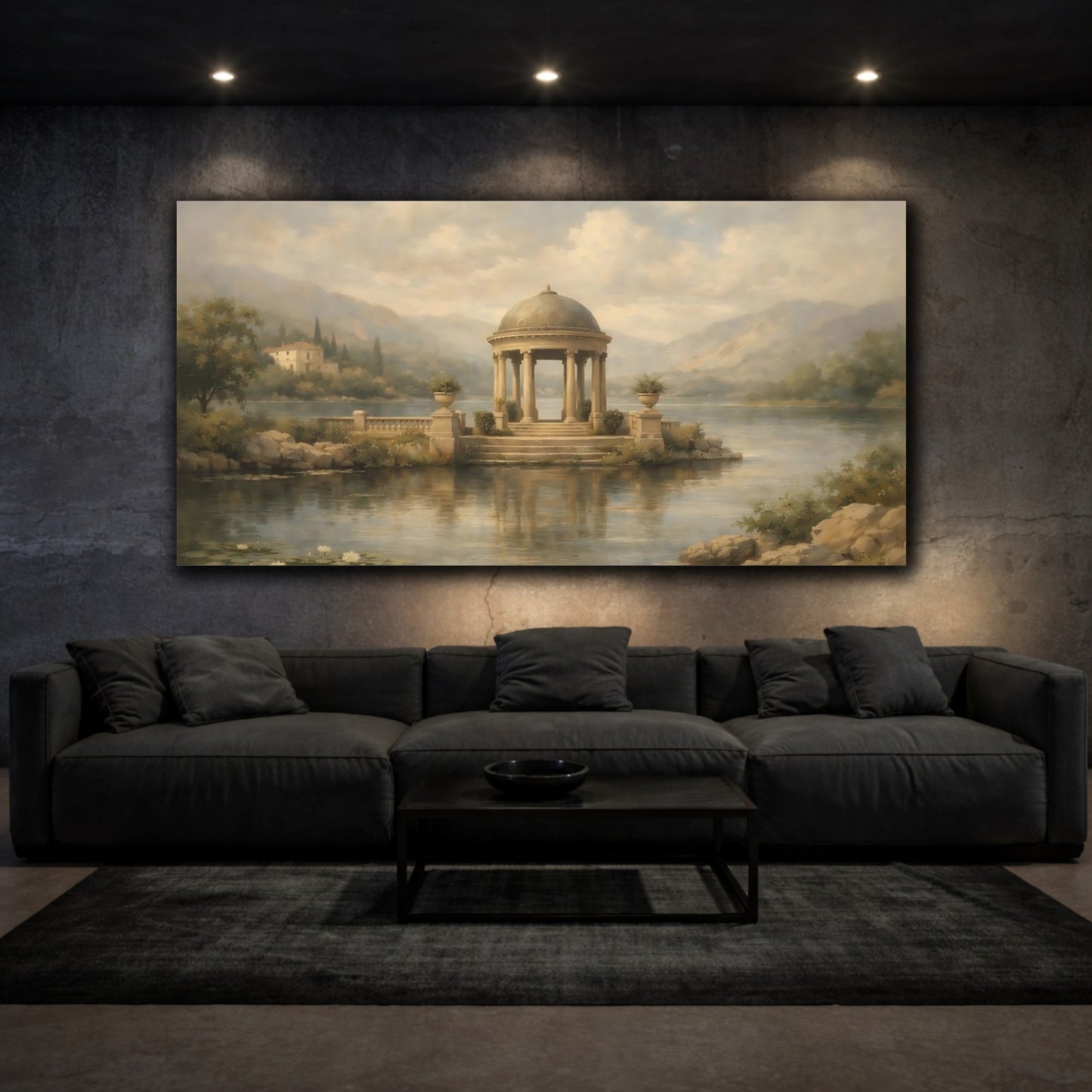 Mockup 2. Nature Classical Gazebo Muted Lake Scene shown as stretched canvas wall art