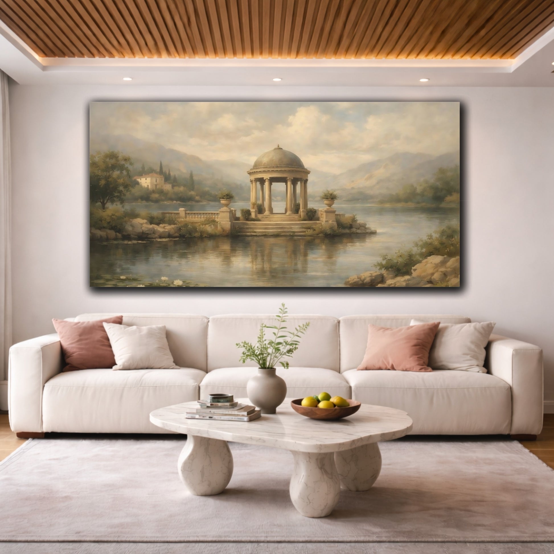 Mockup 3. Nature Classical Gazebo Muted Lake Scene shown as stretched canvas wall art