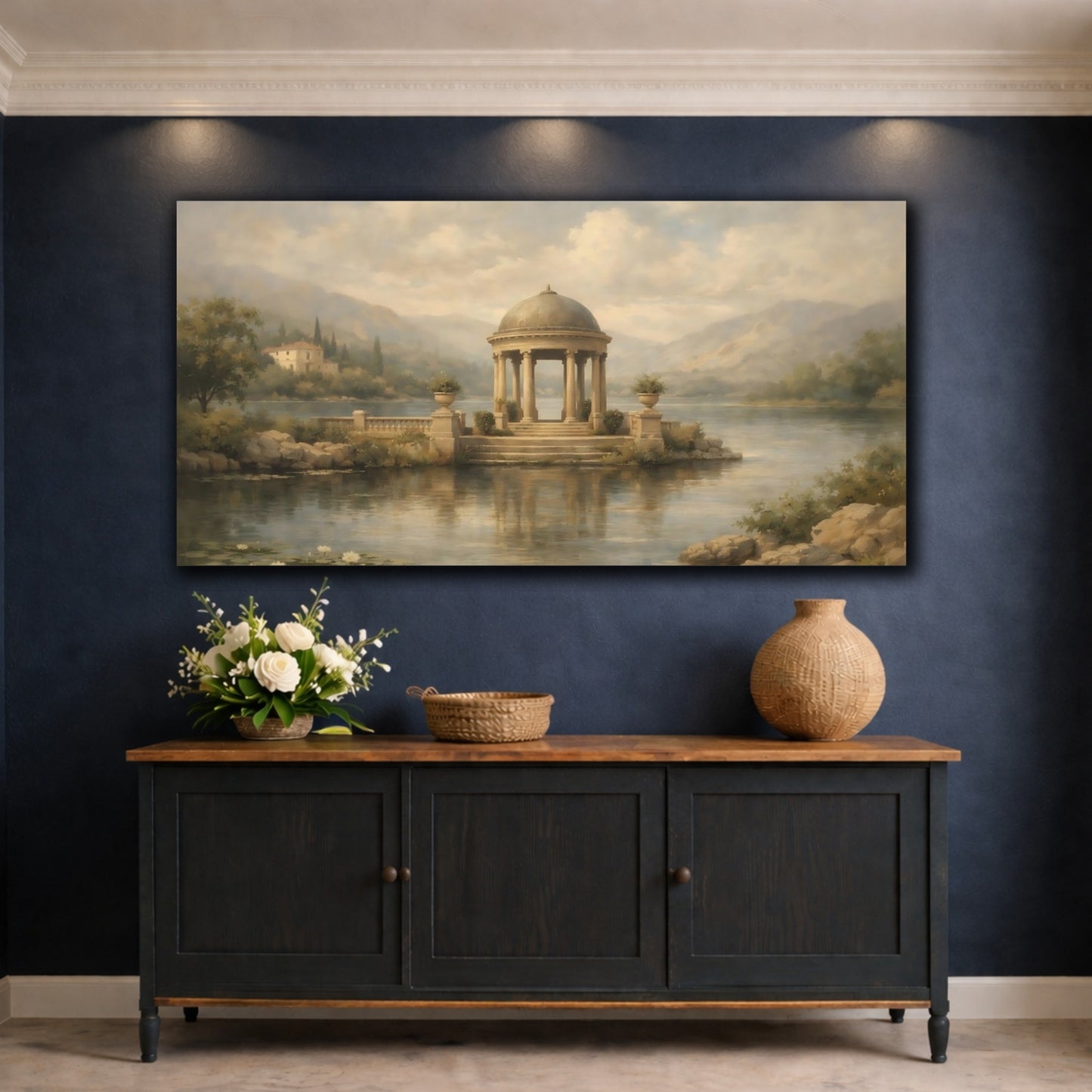 Mockup 4. Nature Classical Gazebo Muted Lake Scene shown as stretched canvas wall art