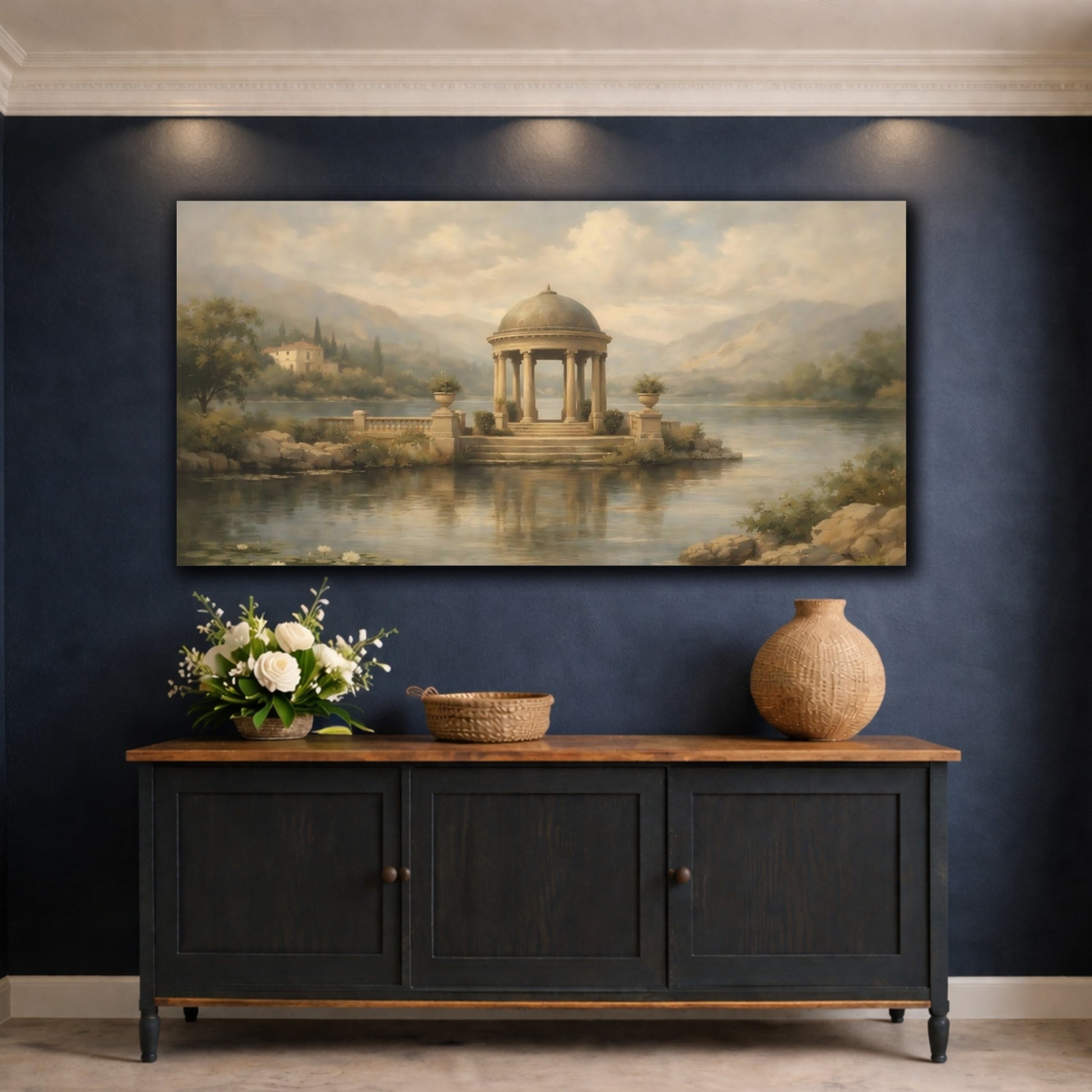Mockup 4. Nature Classical Gazebo Muted Lake Scene shown as stretched canvas wall art