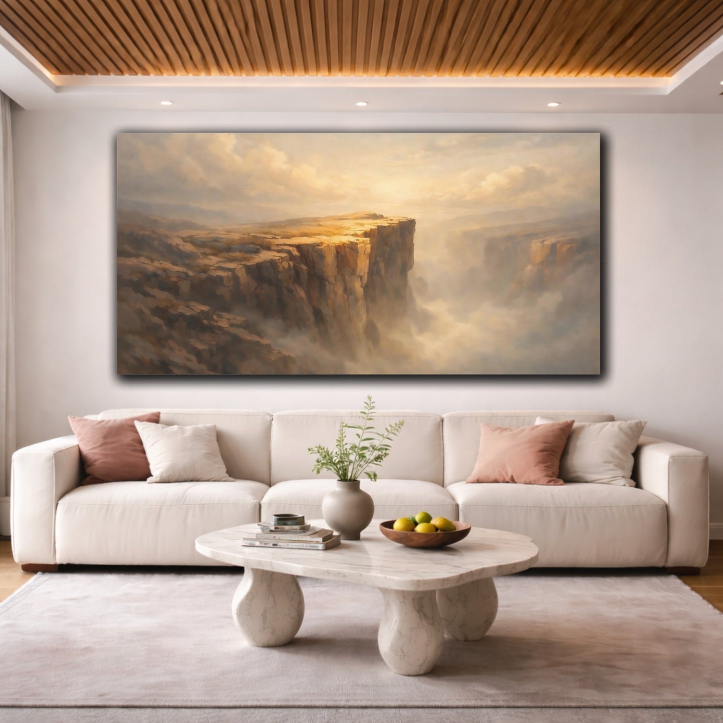 Mockup 3. Nature Cliffs Cliffs Golden Mist shown as stretched canvas wall art