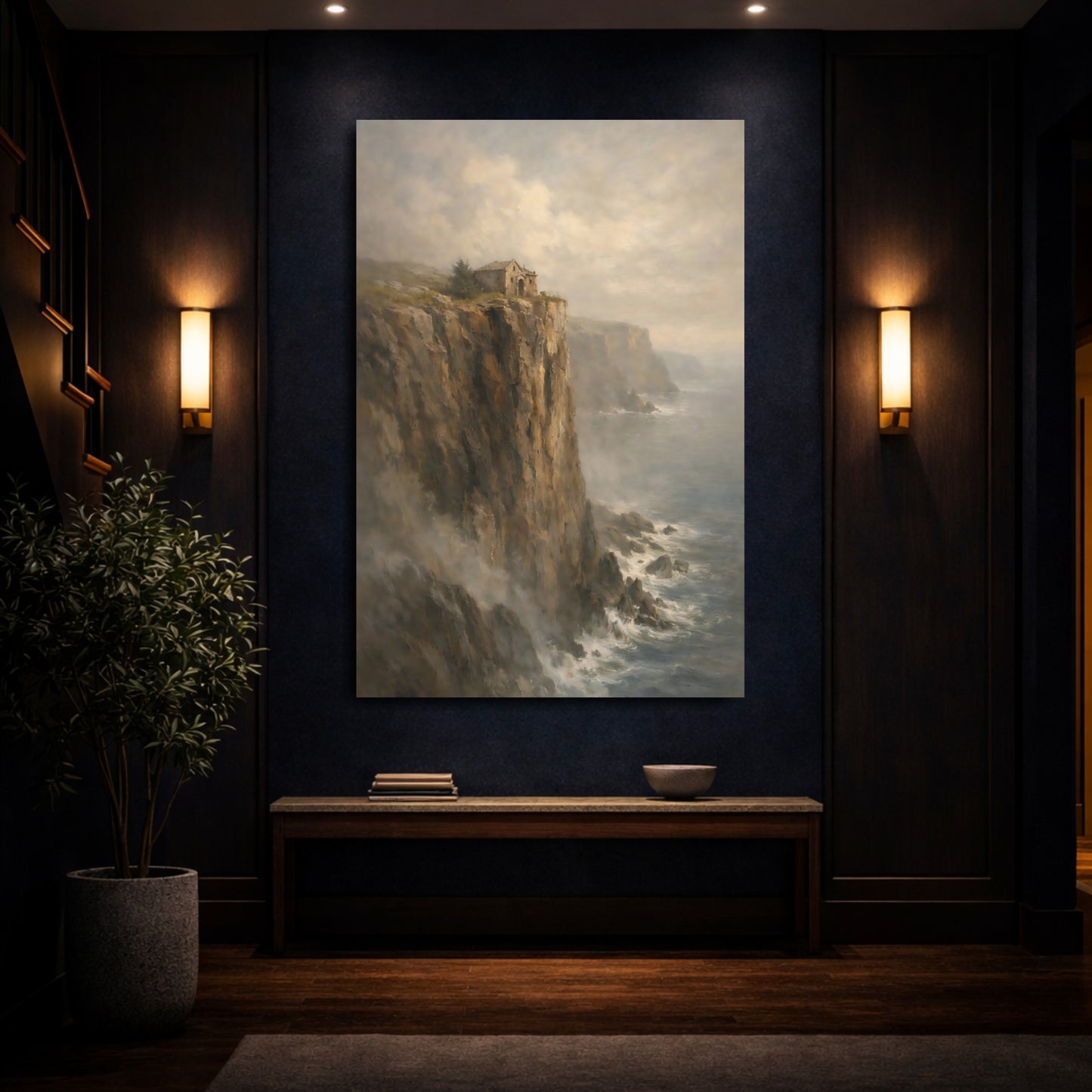 Mockup 3. Nature Cliffside Building Dramatic Coastal Cliff shown as stretched canvas wall art
