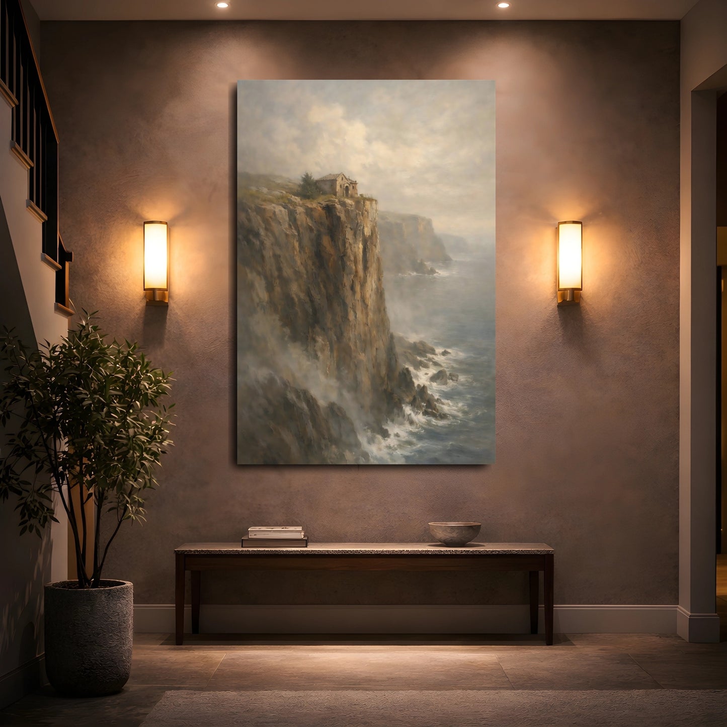 Mockup 4. Nature Cliffside Building Dramatic Coastal Cliff shown as stretched canvas wall art